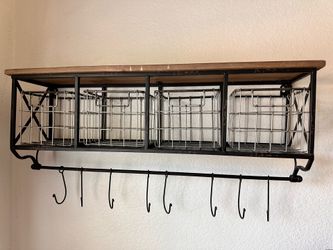 Industrial Wall Mounted Metal Wood Floating Shelf with 4 Baskets and 8 Hooks