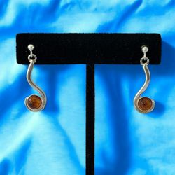 Sterling Silver 925 Amber Loop and Curl Stud Drop Dangle Earrings