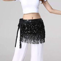 Black Belly Dance Hip Sequins Fringe Skirt