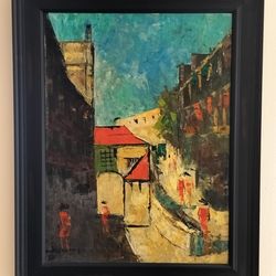 Mid Century Colorful Cityscape Street Scene Oil on Canvas Signed and Framed.