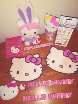 Hello Kitty! See what's included; Stuffed Hello Kitty, 2Faces 2names for Decorration Sticker Sheet Note Book Ruler Mirror Hair Clip Snack/Store Cup