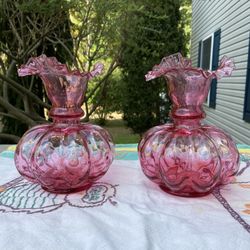 2 Fenton Melon Cranberry Vases