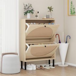  Rattan Shoe Cabinet with 2 Flip Drawers, Narrow Hidden Shoe Rack with Metal Legs, Cane Storage Cabinet for Entryway, Shoe Organizer with Caning Doors