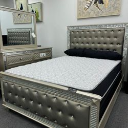 Memorial Day Sale, Champagne Finish Queen Bed with Mirror Trim and Acrylic Finish 