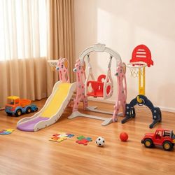 "pink 5-in-1 Toddler Slide and Swing Set Outdoor Slide Set with Basketball Hoop

"