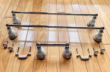 Chrome/Porcelain Towel bar, Toilet Paper holder, Drawer Pulls and Knobs