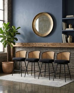 Bekrvio 26” Swivel Counter Stools Set of 4 – Boucle Fabric & Rattan Bar Chairs, Black