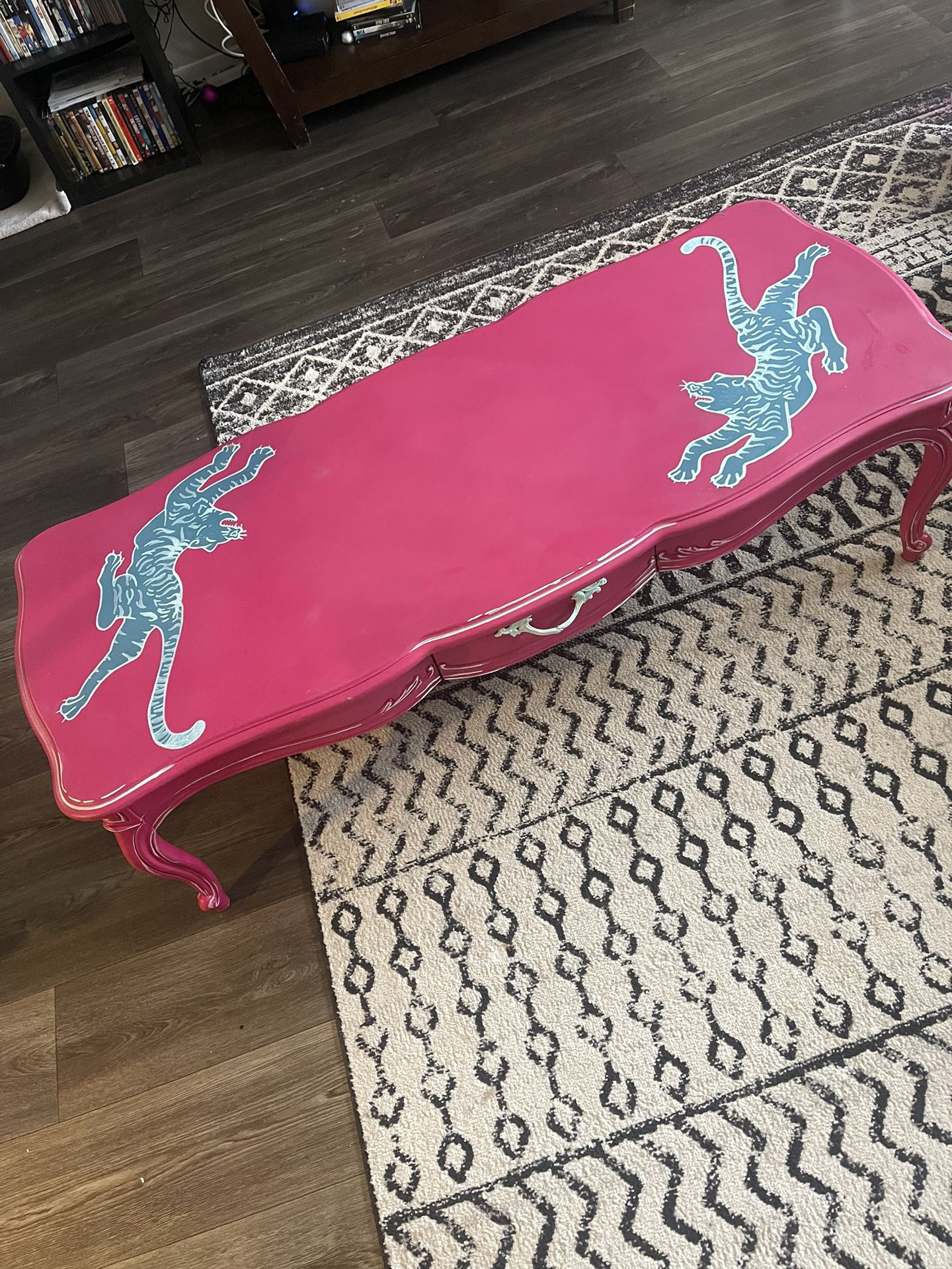 Hot Pink Antique Coffee Table With Hand Painted Tigers