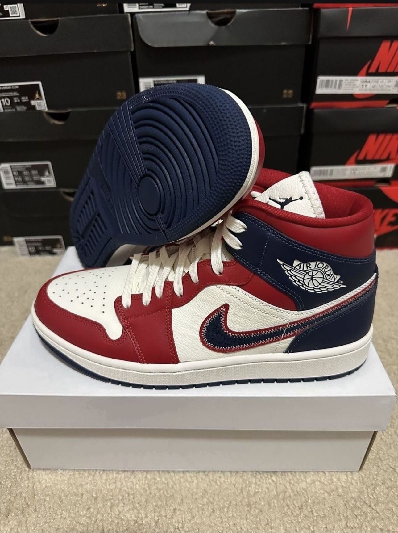 Nike Air Jordan 1 Mid Gym Red Sail White Blue DQ7648-600 Womens Size 10.5/ 9 Mens Brand New
