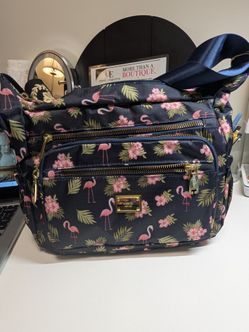Women’s Navy Floral Flamingo Rectangle Crossbody Bag, Zip, Gold