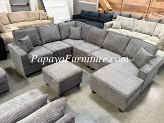 NEW Large U Shape Sectional Sofa and Reversible Left Right Chaise with Ottoman Set GREY Chenille Fabric Ashley Style BIG Seccional COUCH SALE Black