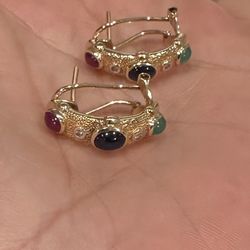 14k Yellow Gold Earrings Diamond & Cabochon Sapphire, Ruby, Emerald