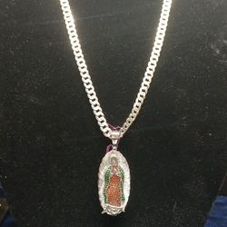 Silver Diamond Cut Curb Chain With Virgin Mary Pendant