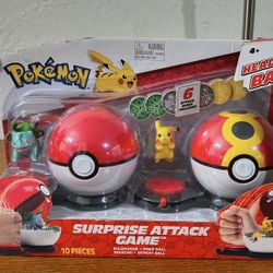 New! Pokemon Surprise Attack Game, Featuring Pikachu and Bulbasaur - 2 Surprise Attack Balls - 6 Attack Disks