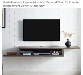Like New....Modern wall-mounted TV console is constructed from wood with a gray finish.