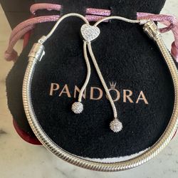 925 Sterling Silver Authentic Pandora Ale adjustable snake chain bracelet w/ pave heart ❤️ and pave balls, can fit up to 10 in. Hallmarked in photos
