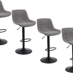 Bar Stools, Swivel Counter Height Barstools with Back, Adjustable Modern Bar Chairs, Tall Armless PU Leather Kitchen Island Stool (Grey, Set of 4)