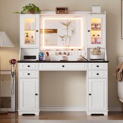New Makeup Vanity Desk with Mirror and Lights, Farmhouse Vanity Table Set with 6 Drawer&Charging Station, Makeup Table with RGB Cabinets, White Vanity