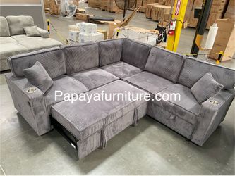 New Gray Sectional Sofa bed, Grey Sectional, Corduroy Sofabed, Sofabed couch, Sleeper Sofa, Couch, Gray couch, Pull-out bed Sofa, Sofa with Cupholders