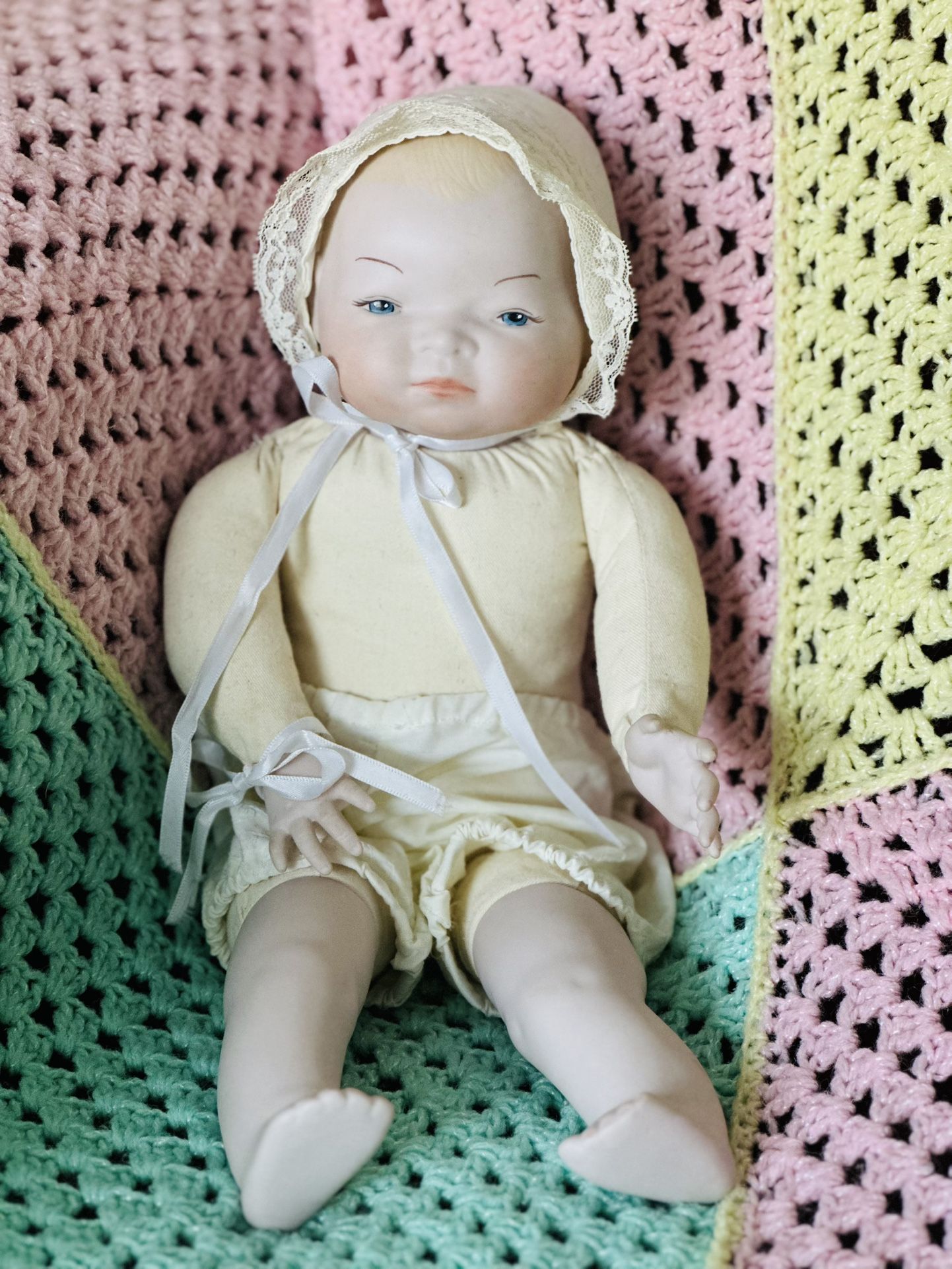 Antique  German Baby Doll Bye-Lo Baby Grace S. Putnam Bisque Cloth Body Doll 15”