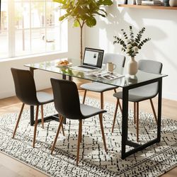Homy Casa Slip 5PC Dining Set 55” Clear Glass Table with 4 Scargill Upholstered Chairs, Grey Fabric