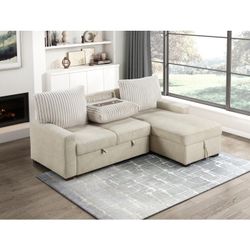 Beige Sectional With Pop-up Sleeper Hidden Drop-down Cup Holders And Storage Chaise LoungeSale at Modesto Furniture 1408 N Carpenter RD Modesto 11am T