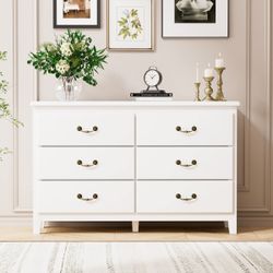 6 Drawer Double Dresser, Large Storage Cabinet Chest of Drawers with Brass Handle for Bedroom