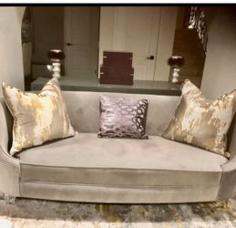 Jennifer Tylor gray velvet sofa 