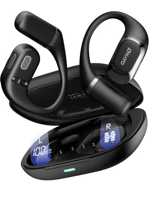 Open Ear Headphones, Over Ear Earbuds with Ergonomic Earhook, Bluetooth Headphones 5.4 with Smart Digital Display, 40H Playtime, IPX6 Waterproof, Touc