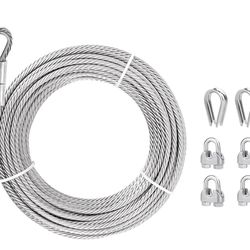 1/2” 304 Stainless Steel Cable 10ft, 7x19 Aircraft Wire Rope w/ Clamps & Thimble