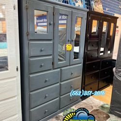 Grey Jumbo Solid Pinewood Wardrobe With Mirror And Eight Drawers