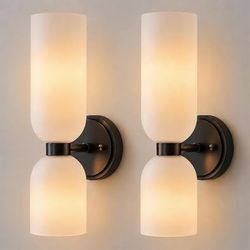 Black Wall Sconces Set of 2 - Frosted Milk Glass Dimmable Light Fixtures Handcrafted Opal Glass