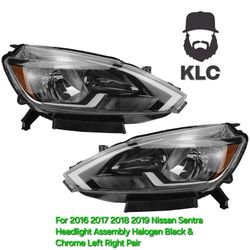 For 2016 2017 2018 2019 Nissan Sentra Headlight Assembly Halogen Black & Chrome Left Right Pair