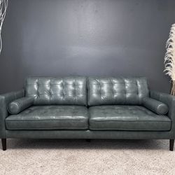 Green Genuine Leather Sofa with 2 accent pillows