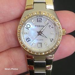 Fossil AM 4183 Two-tone Mother-of-Pearl Crystals 10ATM Bracelet Band Watch Works