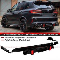 20-26 BMW X5M X6M Gloss Black Dual LED Rear Bumper Diffuser