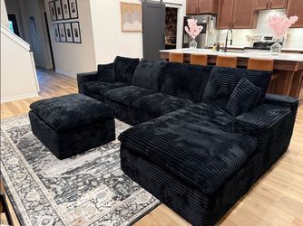 Black Corduroy Sectional Couch Set Fast Delivery Only $39 down payment 👉 Please ask Jon Green for a discount when you arrive!