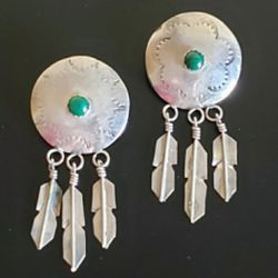 Vintage Native American Sterling Silver Malachite Concho Earrings 2.5" Pr 12g