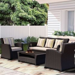 BRAND NEW 5-Person Outdoor Conversation Set - Black Wicker & Aluminum Framing - Modern Seating Set