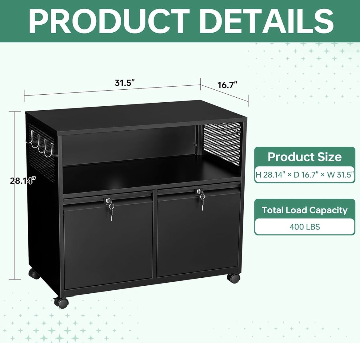 Mobile 2 Drawer File Cabinet with Lock, Metal Lateral Printer Stand Filing Storage Cabinets with Shelves for Home Office-A4/F4/Letter (Black)