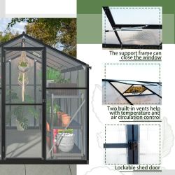 6x8 FT Greenhouse for Outdoors, Polycarbonate Greenhouse with Quick Setup Structure and Roof Vent, Aluminum Large Walk-in Greenhouse for Outside Garde