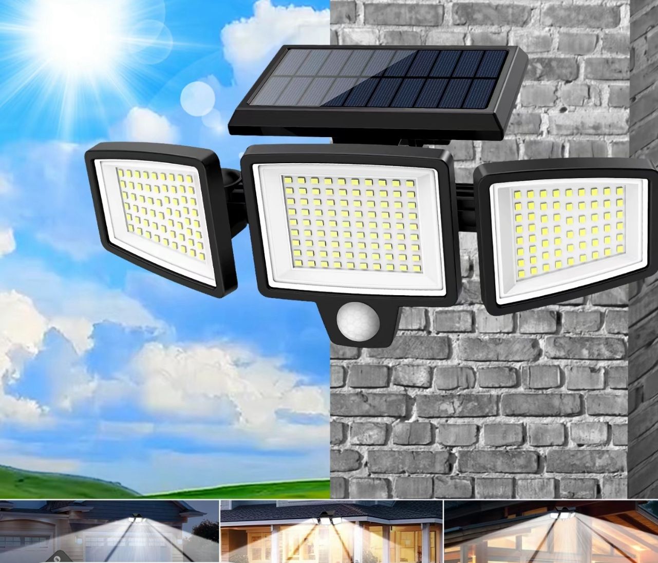 Solar Outdoor Lights 2500LM 210LED Security Lights,3 Heads Dimmable SpotLights with 3 Modes, IP65 Waterproof(1 Packs)