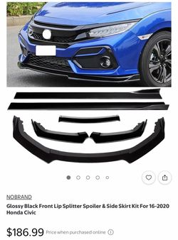 Glossy Black Front Lip Splitter & Side Skirt Kit – 2016-2020 Honda Civic