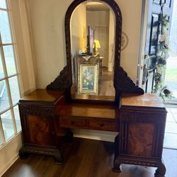 Vintage Wood Vanity with Mirror—Early-Mid 20th Century 