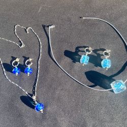Blue Glass Bead Pendant Necklaces with Matching Pierced Earrings. 