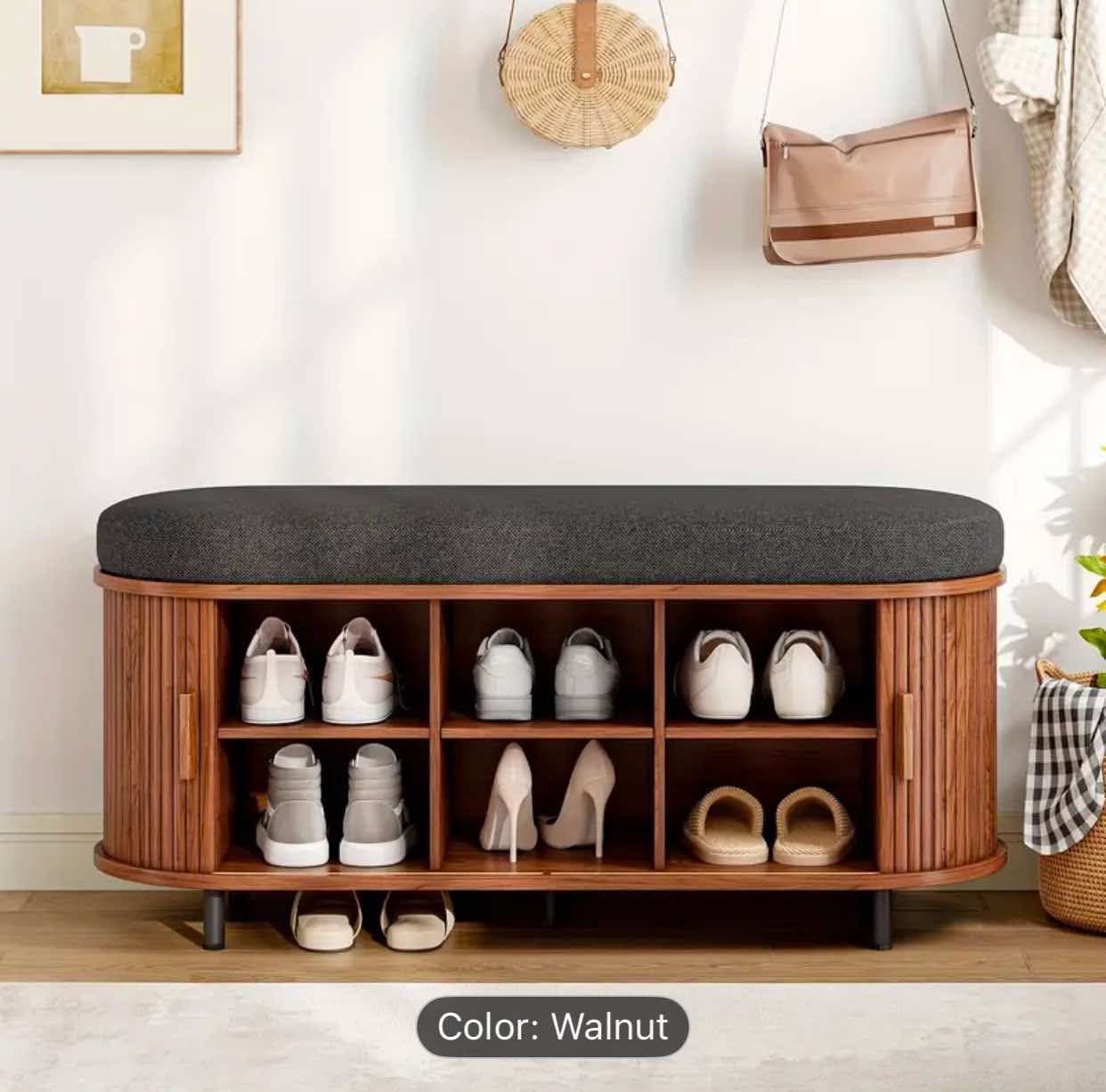 6 Pair Shoe Storage Bench With Sliding Tambour Door