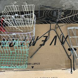 Assorted Bicycle Parts 4 Baskets 3 Rear Racks 1 Front Forks For 26 “ And The Tire Pump Missing A Hose $10