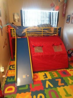 Kids Loft Bed w/ Slide & Tent – Coaster Metal Bunk Bed – Complete