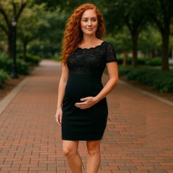 Kimi and Kai Maternity Black Lace Trim Body-Con Cocktail Dress Sz L EUC