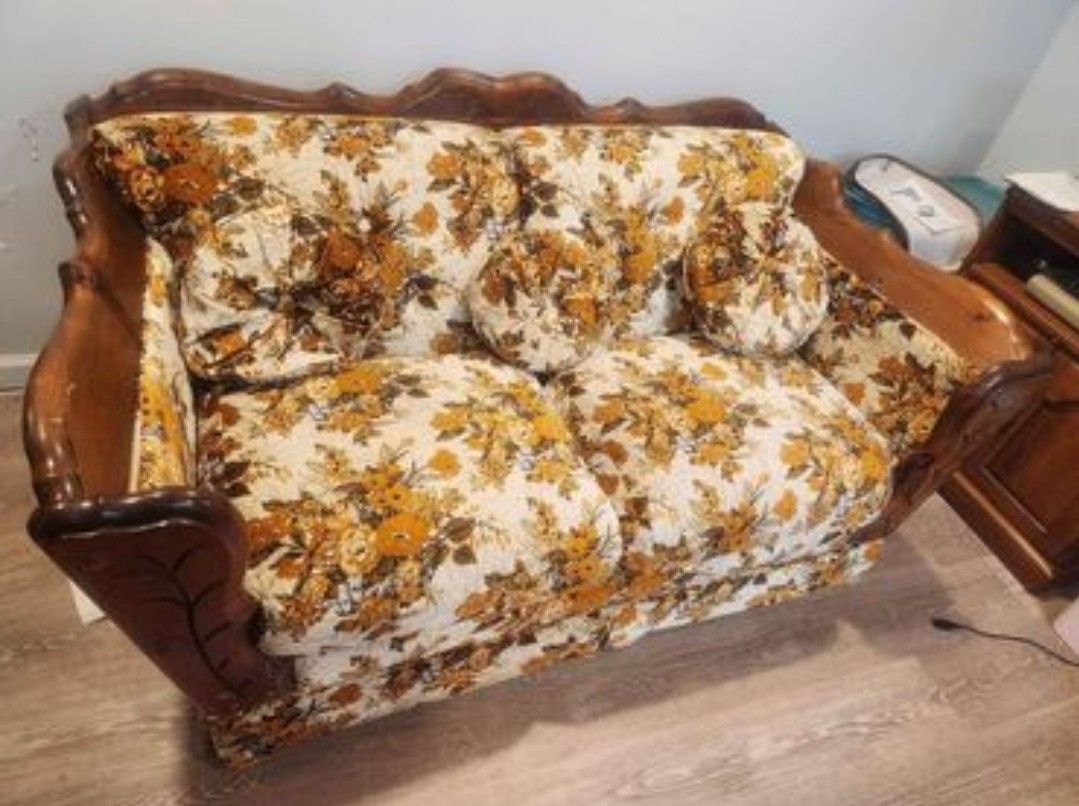 Vintage Floral Loveseat With Wood Accents